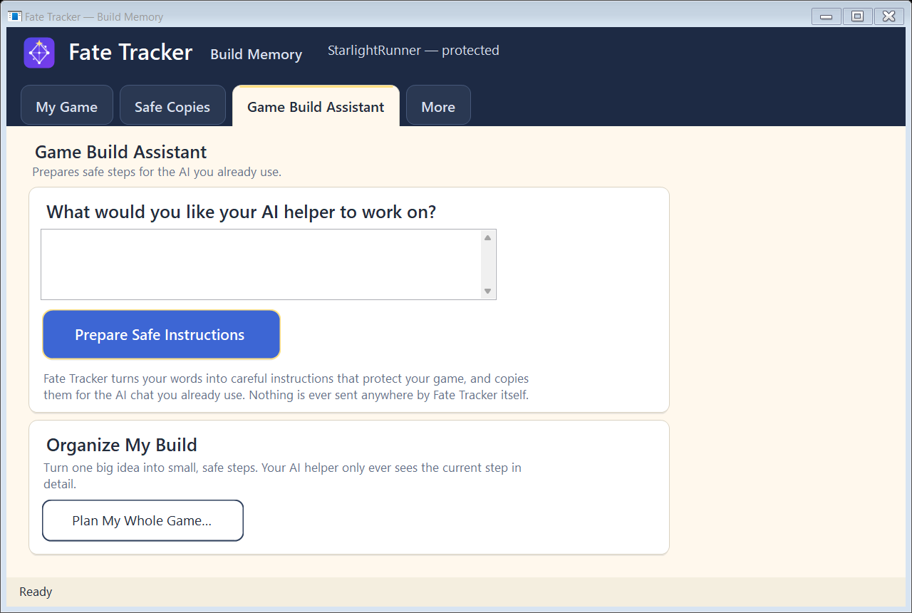 The Game Build Assistant screen: a text box asking what you would like your AI helper to work on, with a Prepare Safe Instructions button.